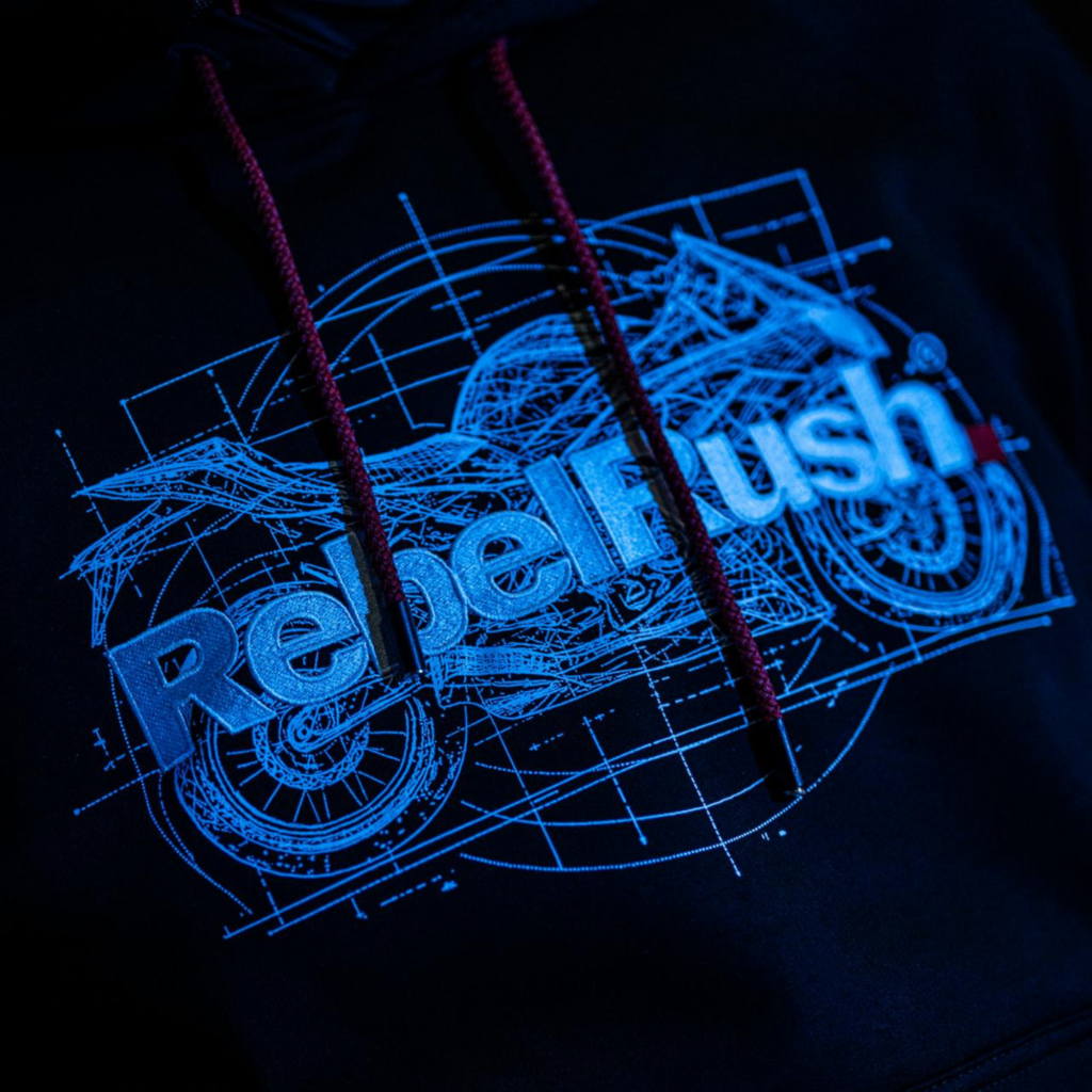 Grafika Blueprint — rysunek techniczny motocykla na bluzie
