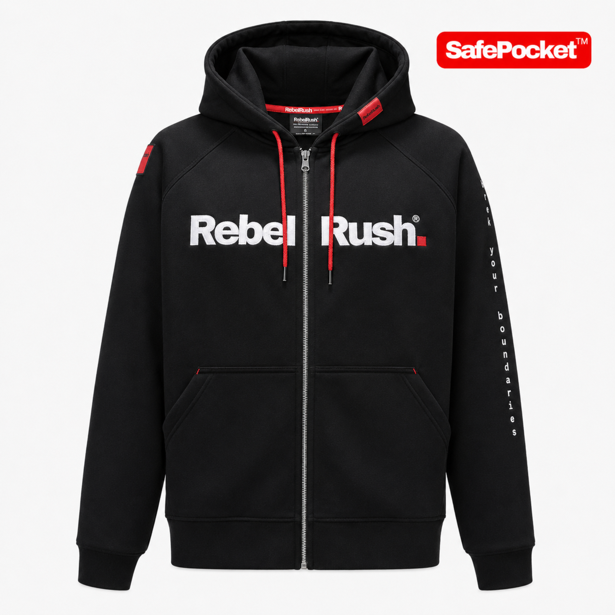 RebelRush NightGlow™ ZIP Hoodie 2.0 — widok tyłu z haftem NightGlow świecącym w ciemności