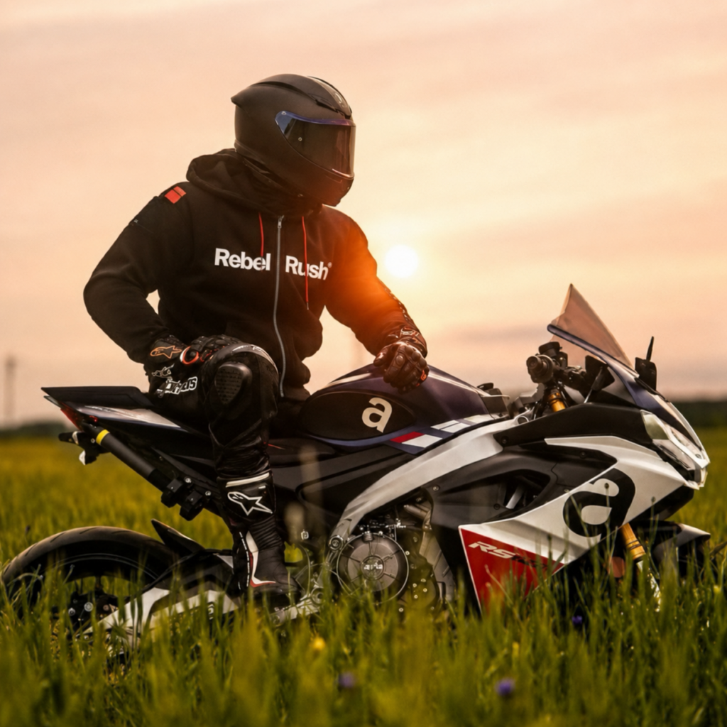 RebelRush NightGlow™ ZIP Hoodie 2.0 — widok frontu z zamkiem, moto-lifestyle premium