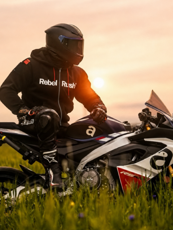 RebelRush NightGlow™ ZIP Hoodie 2.0 — widok frontu z zamkiem, moto-lifestyle premium