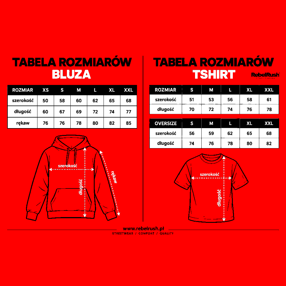 Tabela rozmiarów RebelRush — bluza XS–XXL (szerokość, długość, rękaw) oraz t-shirt S–XXL