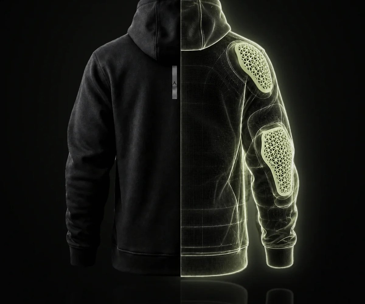 Bluza Armored Hoodie — z zewnątrz zwykła bluza, w środku ochraniacze barków i łokci