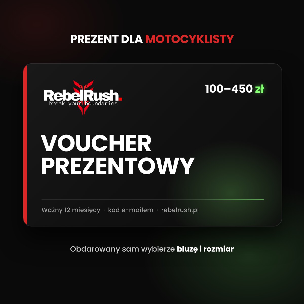 Voucher prezentowy RebelRush od 100 do 450 zł — prezent dla motocyklisty
